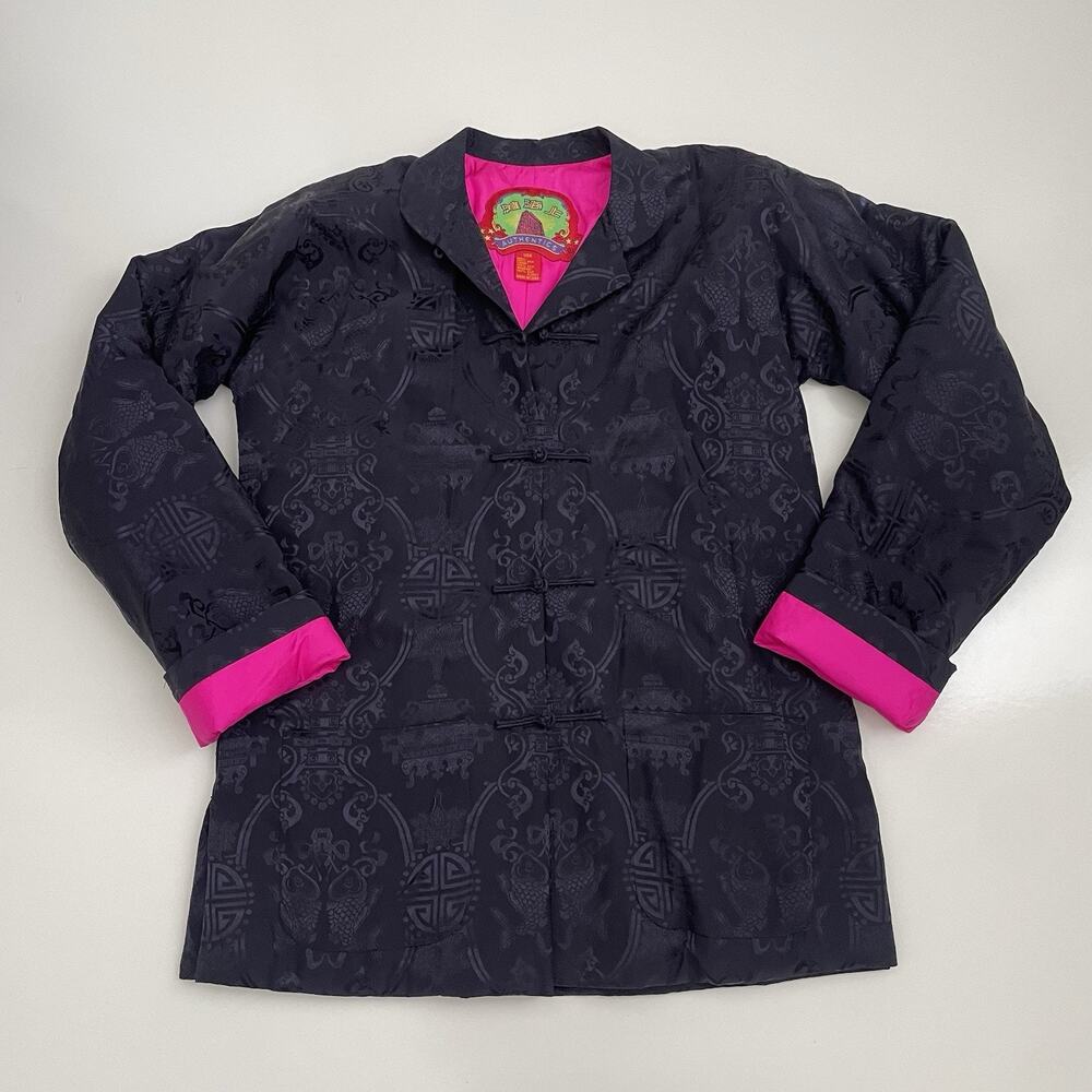 Shanghai Tang 100% Silk Navy Jacquard Mandarin Jacket Size 6 Frog Closure Y2K